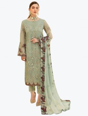 Pista Green Embroidered Faux Georgette Designer Pakistani Suit small FABSL20792