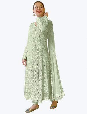Pista Green Faux Georgette Designer Pakistani Churidar Suit small FABSL20802
