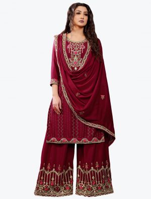 Rich Maroon Chinon Pakistani Style Palazzo Suit with Dupatta FABSL20815