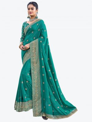 Sea Green Silk Blend Party Wear Designer Saree small FABSA21514