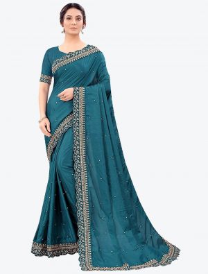 Shimmery Teal Fancy Vichitra Silk Party Wear Designer Saree small FABSA21489