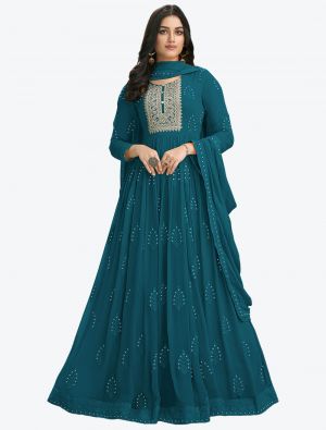 Teal Blue Pure Georgette Party Wear Designer Anarkali Suit small FABSL20741
