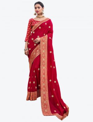 Vivid Red Silk Blend Party Wear Designer Saree small FABSA21517