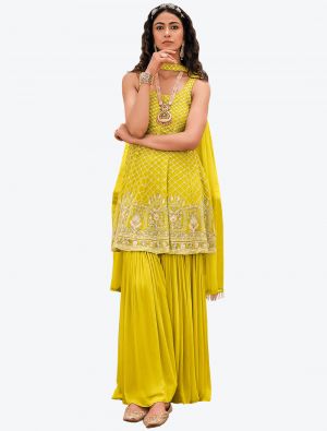 Vivid Yellow Viscose Georgette Festive Wear Designer Sharara Suit small FABSL20772
