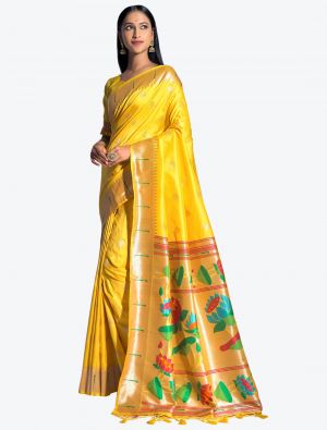 Vivid Yellow Woven Paithani Banarasi Soft Silk Designer Saree small FABSA21523