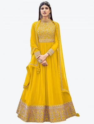 Warm Yellow Faux Georgette Party Wear Designer Anarkali Suit thumbnail FABSL20749