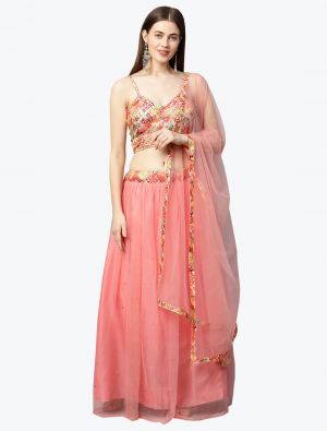 Peachy Pink Net Party Wear Lehenga Choli with Dupatta FABLE20267