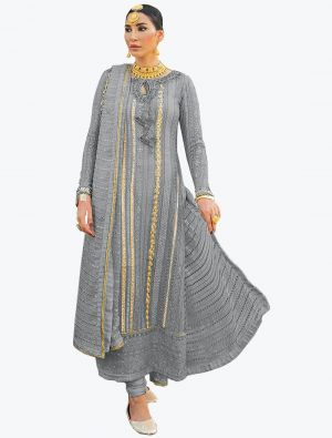 Perfect Grey Faux Georgette Pakistani Style Churidar Suit FABSL20823