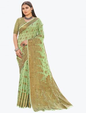 Pista Green Premium Cotton Festive Wear Designer Saree thumbnail FABSA21577