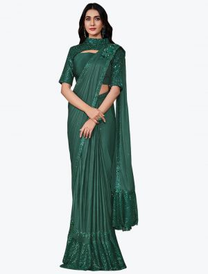 Rama Green Fancy Lycra Premium Party Wear Designer Saree small FABSA21593