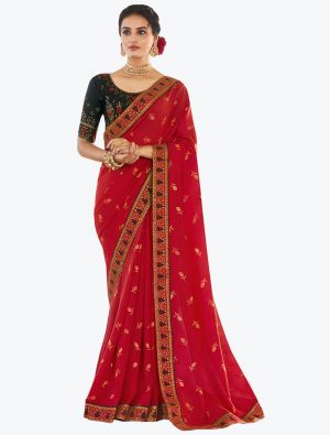 Rich Red Fancy Vichitra Silk Festive Wear Designer Saree small FABSA21564