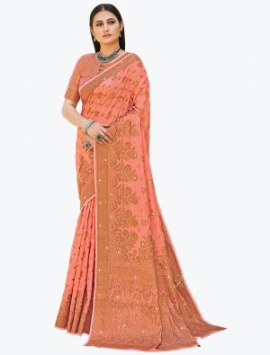 Royal Peach Premium Cotton Festive Wear Designer Saree thumbnail FABSA21576