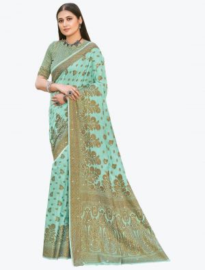 Sea Green Premium Cotton Festive Wear Designer Saree thumbnail FABSA21575