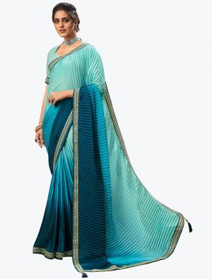 Turquoise Chinon Crush Party Wear Designer Saree small FABSA21626