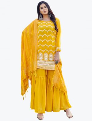 Vivid Yellow Embroidered Faux Georgette Party Wear Sharara Suit small FABSL20849