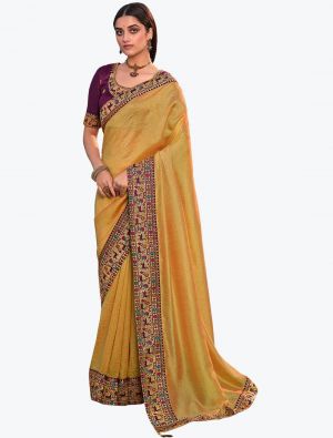 Golden Yellow Premium Vichitra Silk Party Wear Designer Saree swatch FABSA21683
