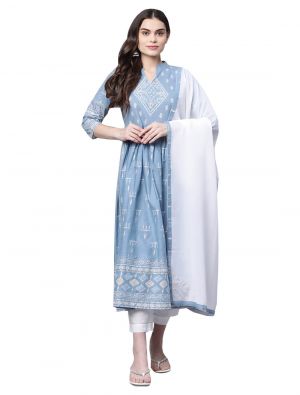 light blue pure cotton printed kurti with pant and dupatta fabku20568