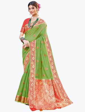 Parrot Green Woven Cotton Festive Wear Designer Saree FABSA21689