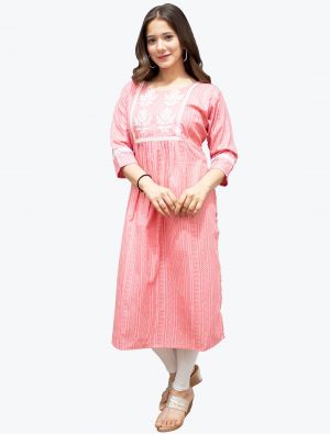 pink pure cotton bandhej printed long kurti fabku20551