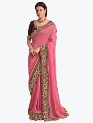 Rose Pink Premium Vichitra Silk Party Wear Designer Saree small FABSA21677