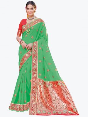 Sea Green Woven Cotton Festive Wear Designer Saree FABSA21686