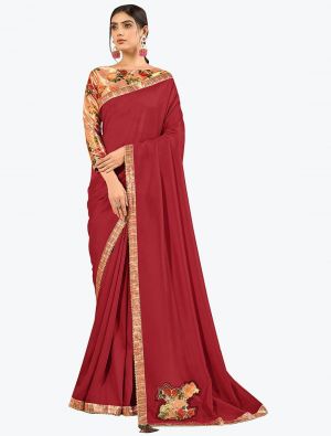 True Red Satin Silk Party Wear Fancy Designer Saree small FABSA21633