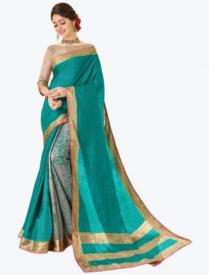 Turquoise Tussar Silk Half N Half Fancy Designer Saree small FABSA21644