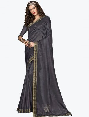 Grey Soft Vichitra Silk Party Wear Designer Saree small FABSA21729