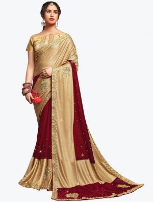 Maroon And Beige Blended Lycra Art Silk Party Wear Designer Saree small FABSA21740