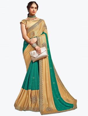 Rama And Beige Blended Lycra Art Silk Party Wear Designer Saree small FABSA21739