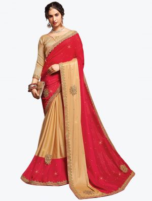 Red And Beige Blended Lycra Art Silk Party Wear Designer Saree small FABSA21742