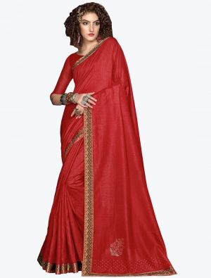 Red Soft Vichitra Silk Party Wear Designer Saree small FABSA21727
