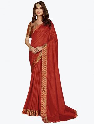 Rust Red Soft Vichitra Silk Party Wear Designer Saree small FABSA21715