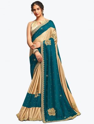 Teal And Beige Blended Lycra Art Silk Party Wear Designer Saree small FABSA21741