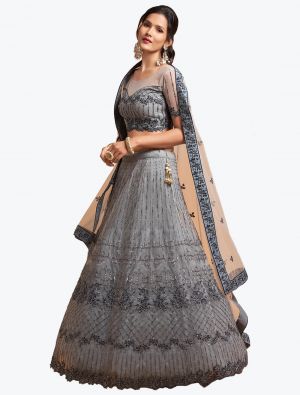 Bluish Grey Soft Net Embroidered Party Wear Designer Lehenga Choli small FABLE20306
