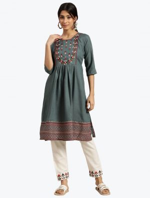 grey poly cotton thread embroidered kurti with white trousers fabku20580