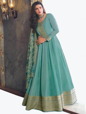 Ice Green Dola Silk Embroidered Designer Anarkali Suit small FABSL20991