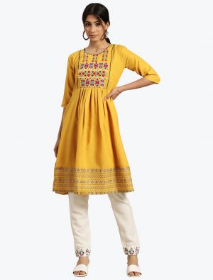 mustard poly cotton thread embroidered kurti with white trousers fabku20582