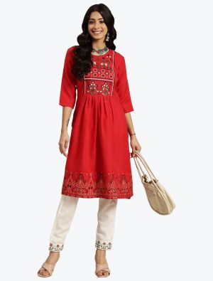 red poly cotton thread embroidered kurti with white trousers fabku20578