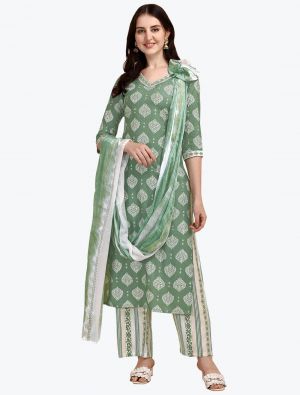 Mint Green Chanderi Readymade Palazzo Suit with Dupatta FABSL21039