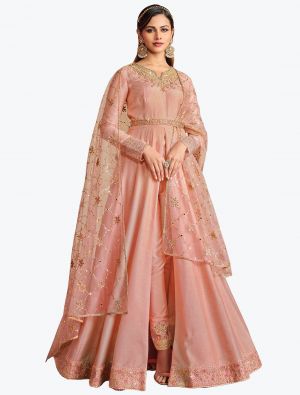 Peachy Pink Premium Russian Silk Anarkali Floor Length Suit small FABSL21033