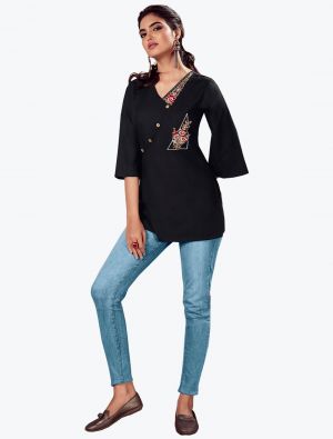 black fine rayon embroidered casual wear top fabku20623