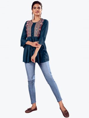 blue fine rayon embroidered casual wear top fabku20624
