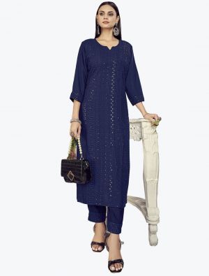 blue fine rayon embroidered long kurti with palazzo pants fabku20617