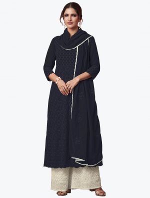 Dark Blue Georgette Lucknowi Readymade Palazzo Suit with Dupatta FABSL21053