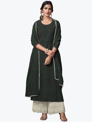 Dark Green Georgette Lucknowi Readymade Palazzo Suit with Dupatta FABSL21054