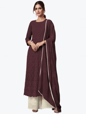 Deep Wine Georgette Lucknowi Readymade Palazzo Suit with Dupatta FABSL21052