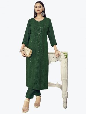 green fine rayon embroidered long kurti with palazzo pants fabku20615