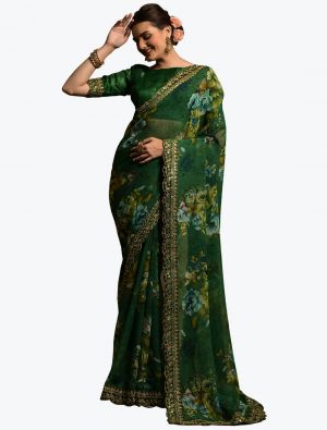 Green Georgette Printed Saree With Sequence Embroidery Work small FABSA21829
