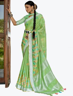 Light Green Linen Resham Embroidered Party Wear Saree small FABSA21821